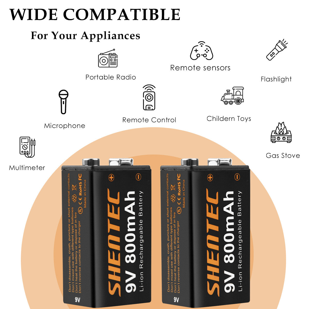 SHENTEC Lot de 8 batteries rechargeables lithium 9V 800mAh 6F22 PP3 LR22 MN1604