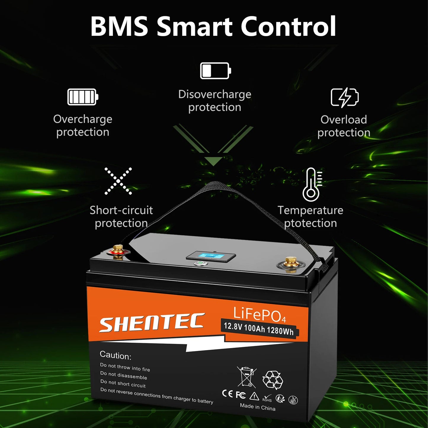SHENTEC Batterie 12 V 100 Ah LiFePO4 Avec Écran LED, BMS 100 A Intégré Pour Alimentation De Secours