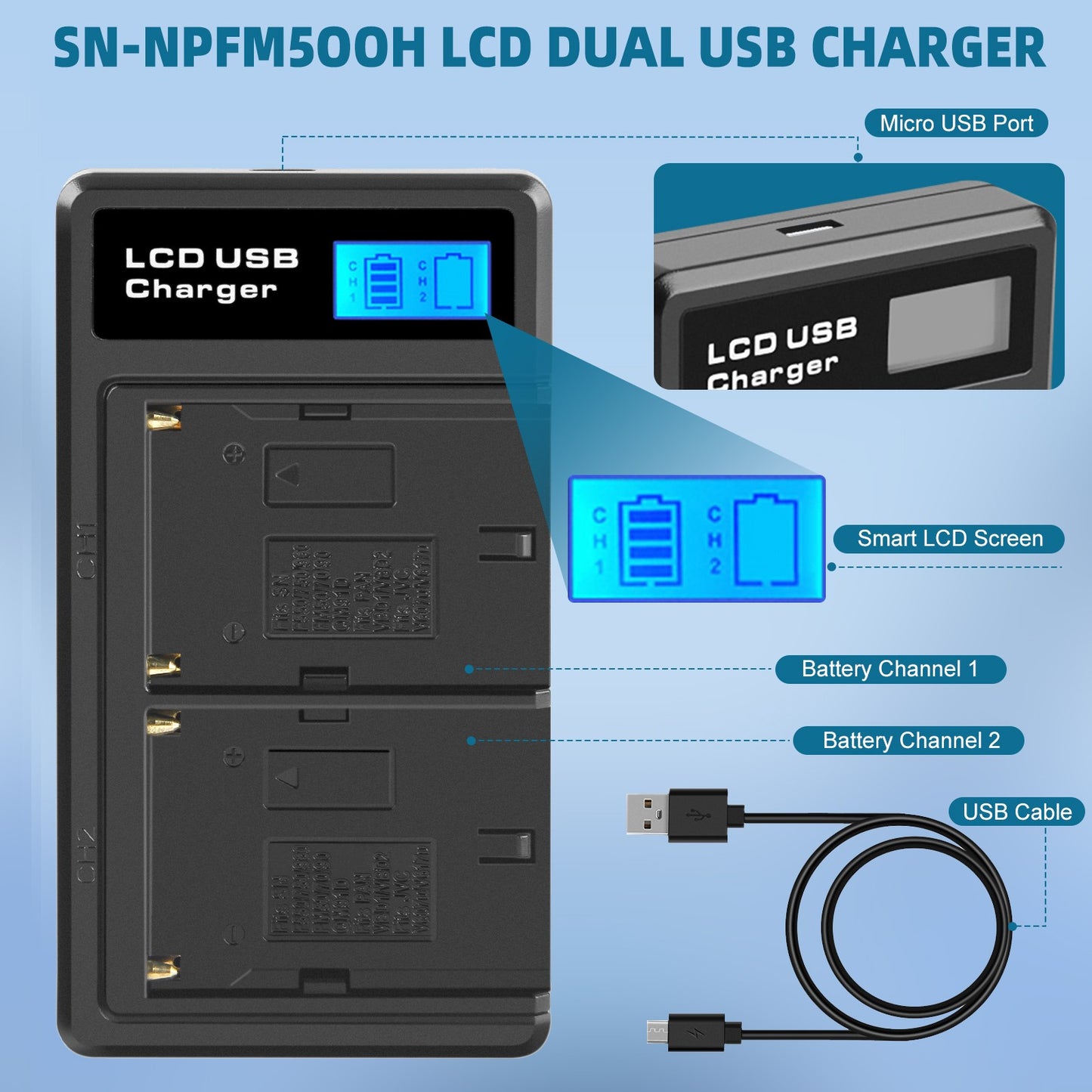 SHENTEC 2x batteries NP-FM500H + chargeur pour Sony Alpha DSLR/SLT A57 A68 A58 A300K/N A100