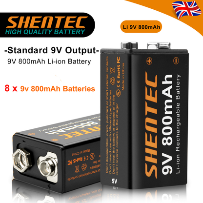 SHENTEC Lot de 8 batteries rechargeables lithium 9V 800mAh 6F22 PP3 LR22 MN1604