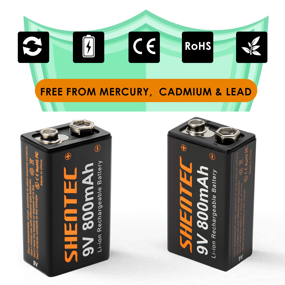 SHENTEC Lot de 8 batteries rechargeables lithium 9V 800mAh 6F22 PP3 LR22 MN1604