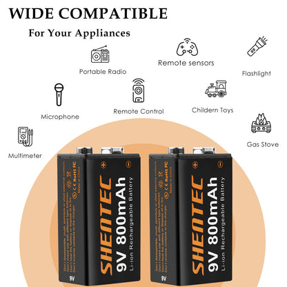 SHENTEC Lot de 8 batteries rechargeables lithium 9V 800mAh 6F22 PP3 LR22 MN1604