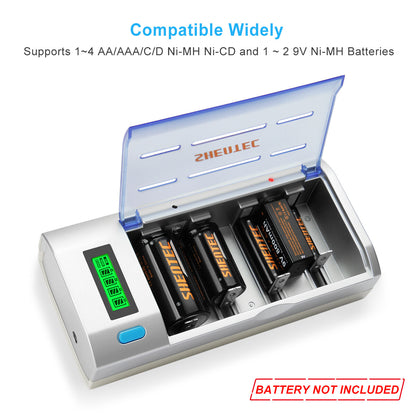 SHENTEC Chargeur Universel de Batteries à Écran LCD pour AA AAA C D 9V Ni-MH Ni-Cd Rechargeables