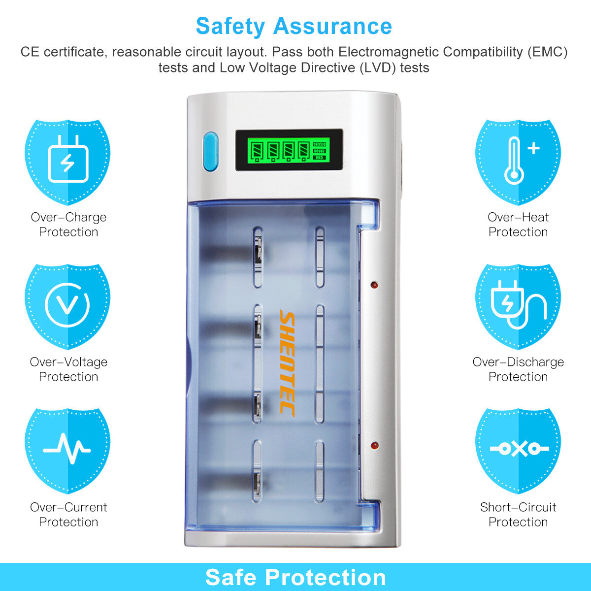 SHENTEC Chargeur Universel de Batteries à Écran LCD pour AA AAA C D 9V Ni-MH Ni-Cd Rechargeables