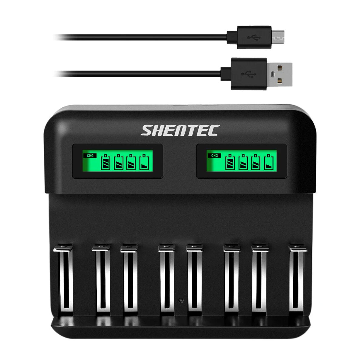 SHENTEC Chargeur intelligent 8 emplacements pour batteries rechargeables 9V, AA, AAA, C, D Ni-MH