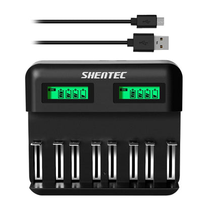 SHENTEC Chargeur intelligent 8 emplacements pour batteries rechargeables 9V, AA, AAA, C, D Ni-MH