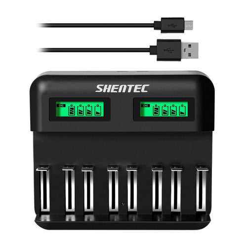 SHENTEC Chargeur intelligent 8 emplacements pour batteries rechargeables 9V, AA, AAA, C, D Ni-MH