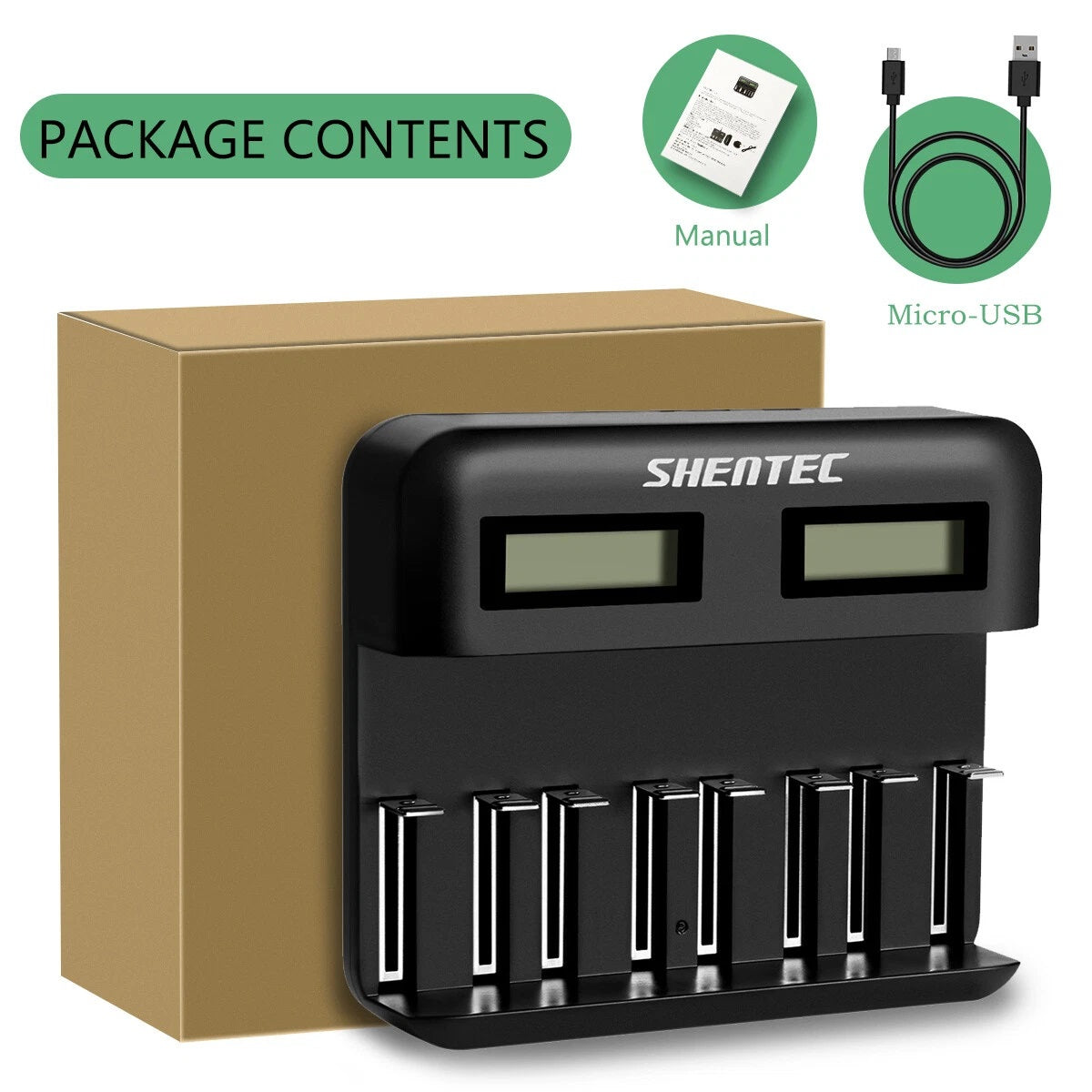 SHENTEC Chargeur intelligent 8 emplacements pour batteries rechargeables 9V, AA, AAA, C, D Ni-MH