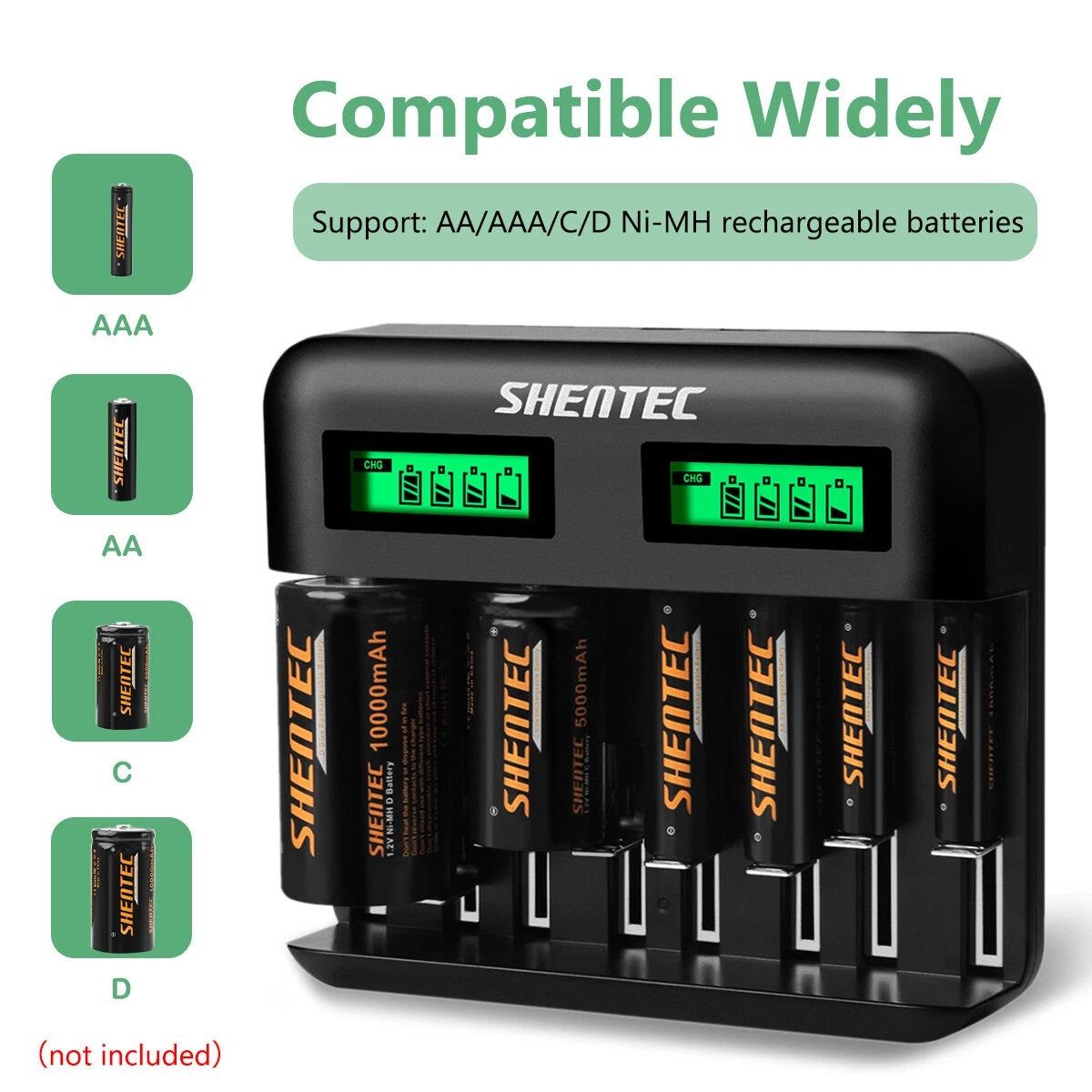 SHENTEC Chargeur intelligent 8 emplacements pour batteries rechargeables 9V, AA, AAA, C, D Ni-MH