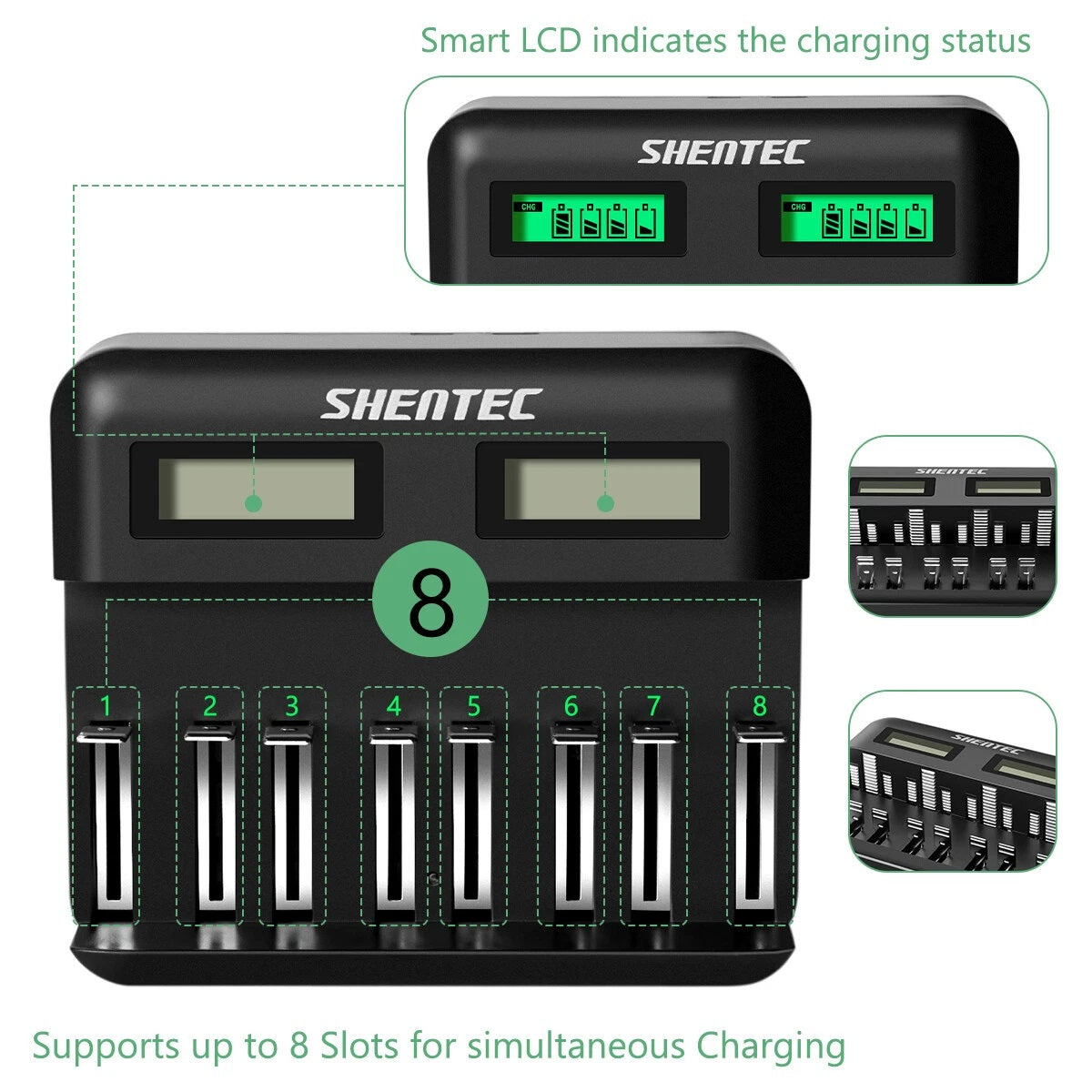 SHENTEC Chargeur intelligent 8 emplacements pour batteries rechargeables 9V, AA, AAA, C, D Ni-MH