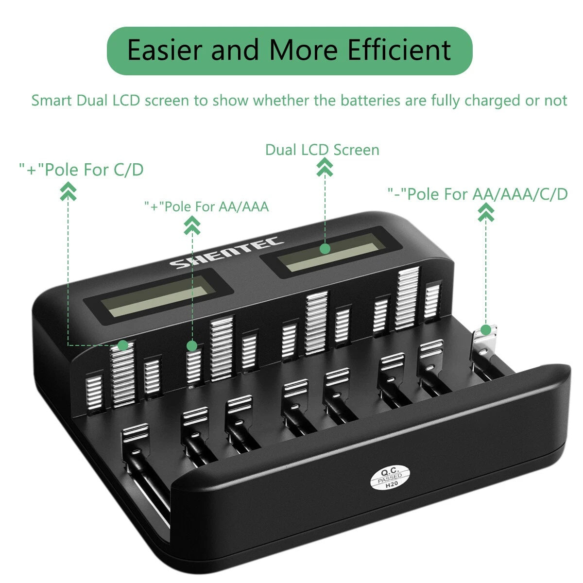 SHENTEC Chargeur intelligent 8 emplacements pour batteries rechargeables 9V, AA, AAA, C, D Ni-MH