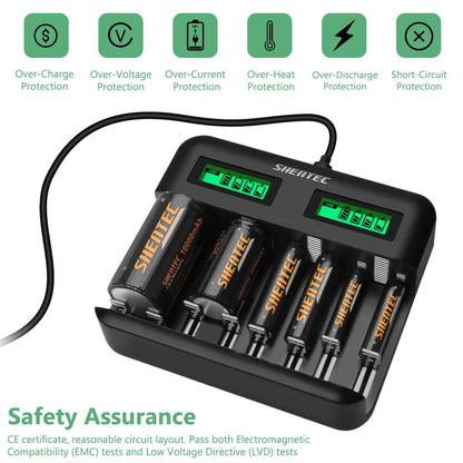 SHENTEC Chargeur intelligent 8 emplacements pour batteries rechargeables 9V, AA, AAA, C, D Ni-MH