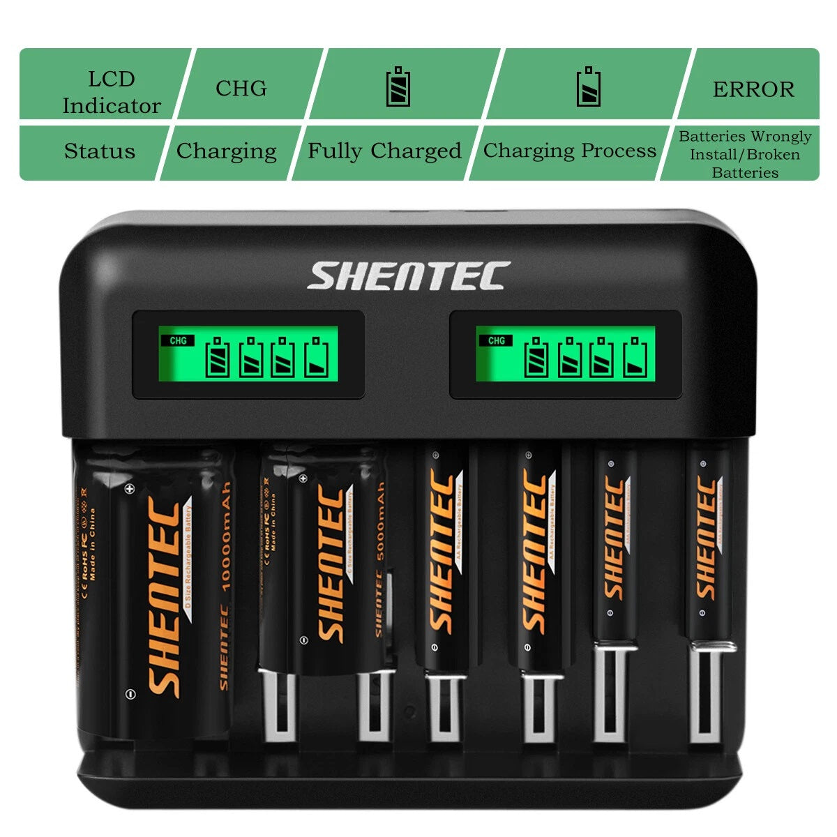 SHENTEC Chargeur intelligent 8 emplacements pour batteries rechargeables 9V, AA, AAA, C, D Ni-MH