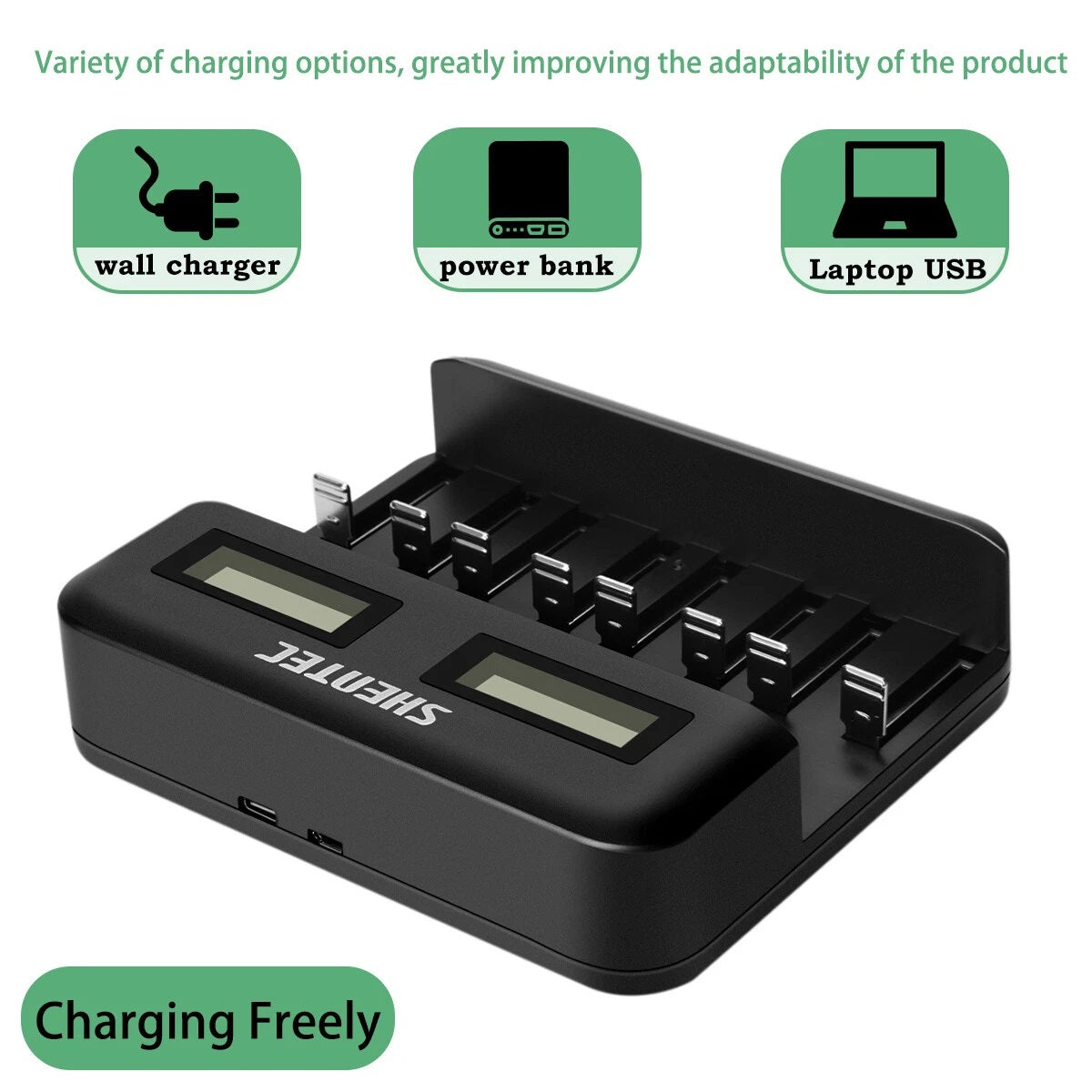 SHENTEC Chargeur intelligent 8 emplacements pour batteries rechargeables 9V, AA, AAA, C, D Ni-MH