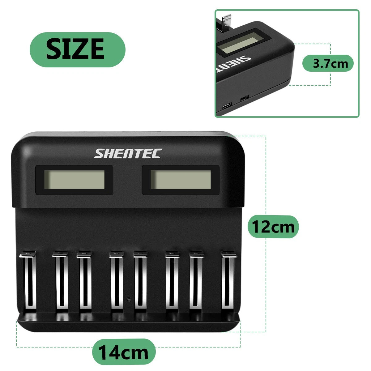 SHENTEC Chargeur intelligent 8 emplacements pour batteries rechargeables 9V, AA, AAA, C, D Ni-MH