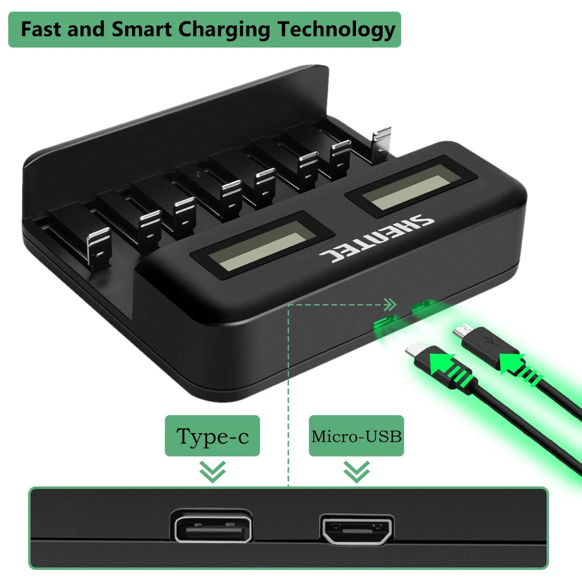 SHENTEC Chargeur intelligent 8 emplacements pour batteries rechargeables 9V, AA, AAA, C, D Ni-MH