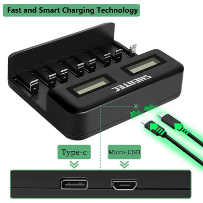 SHENTEC Chargeur intelligent 8 emplacements pour batteries rechargeables 9V, AA, AAA, C, D Ni-MH