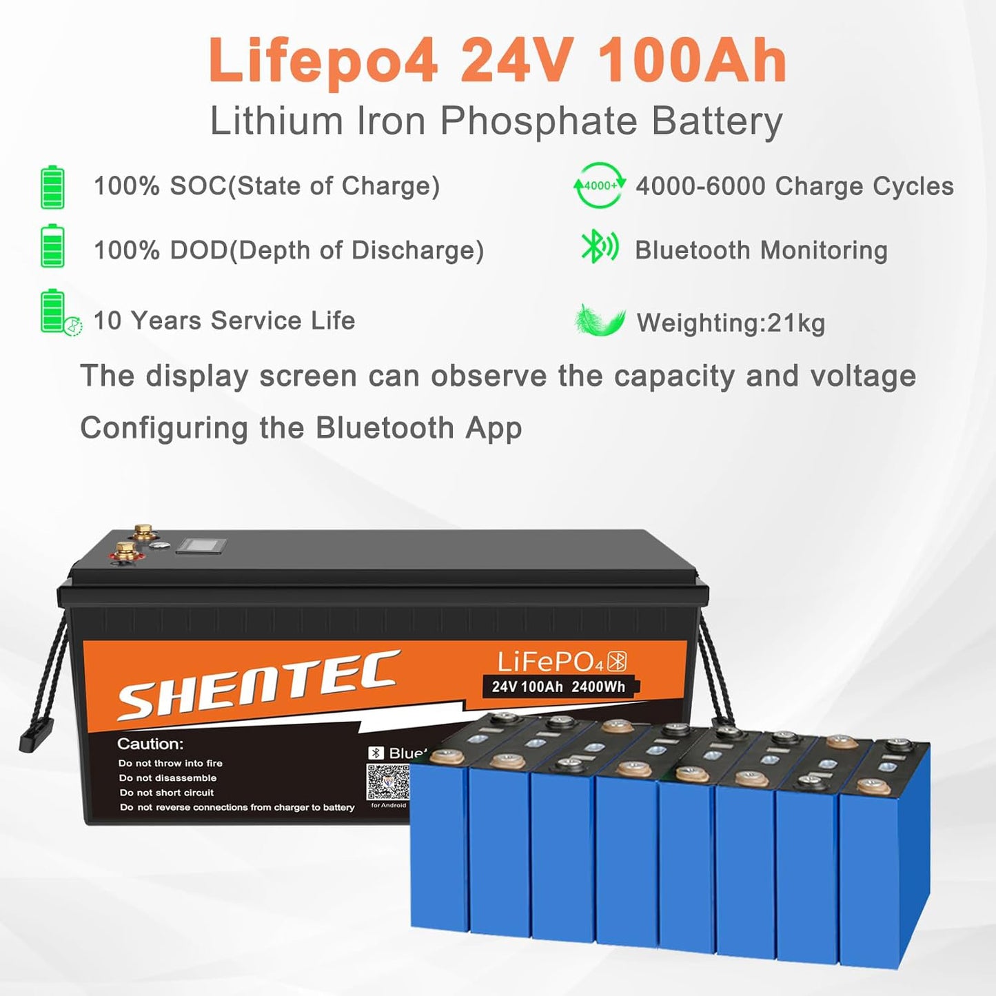 SHENTEC 24V 100Ah Lithium LifePO4 Battery with 100A BMS