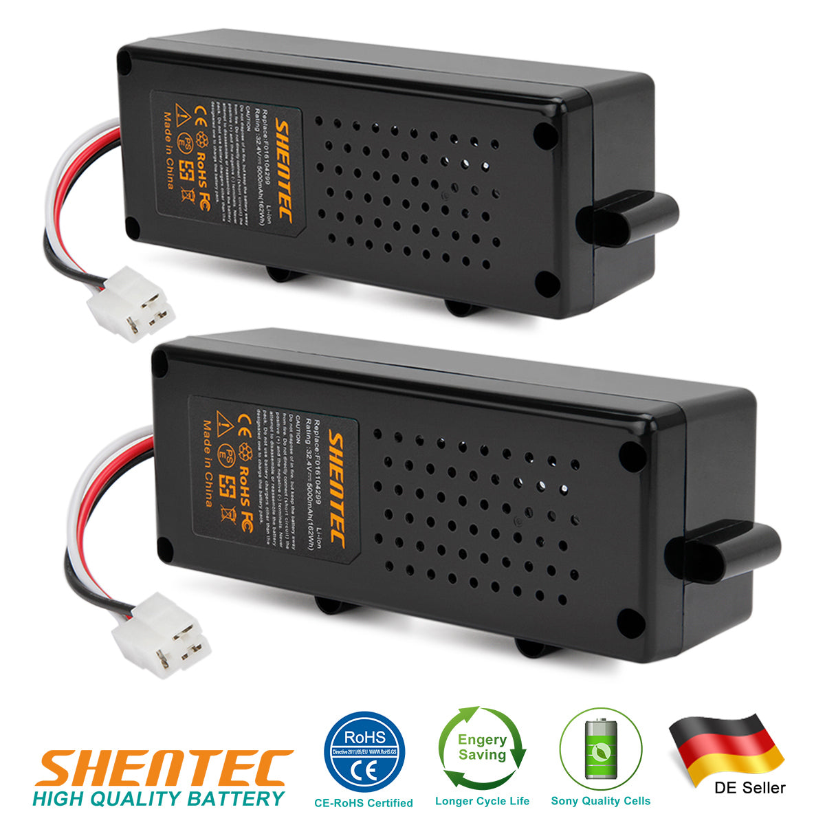 SHENTEC Lot de 2 batteries Li-ion 32.4V 5.0Ah pour Bosch Indego F016104299 Indego 800 1000 1200 3600