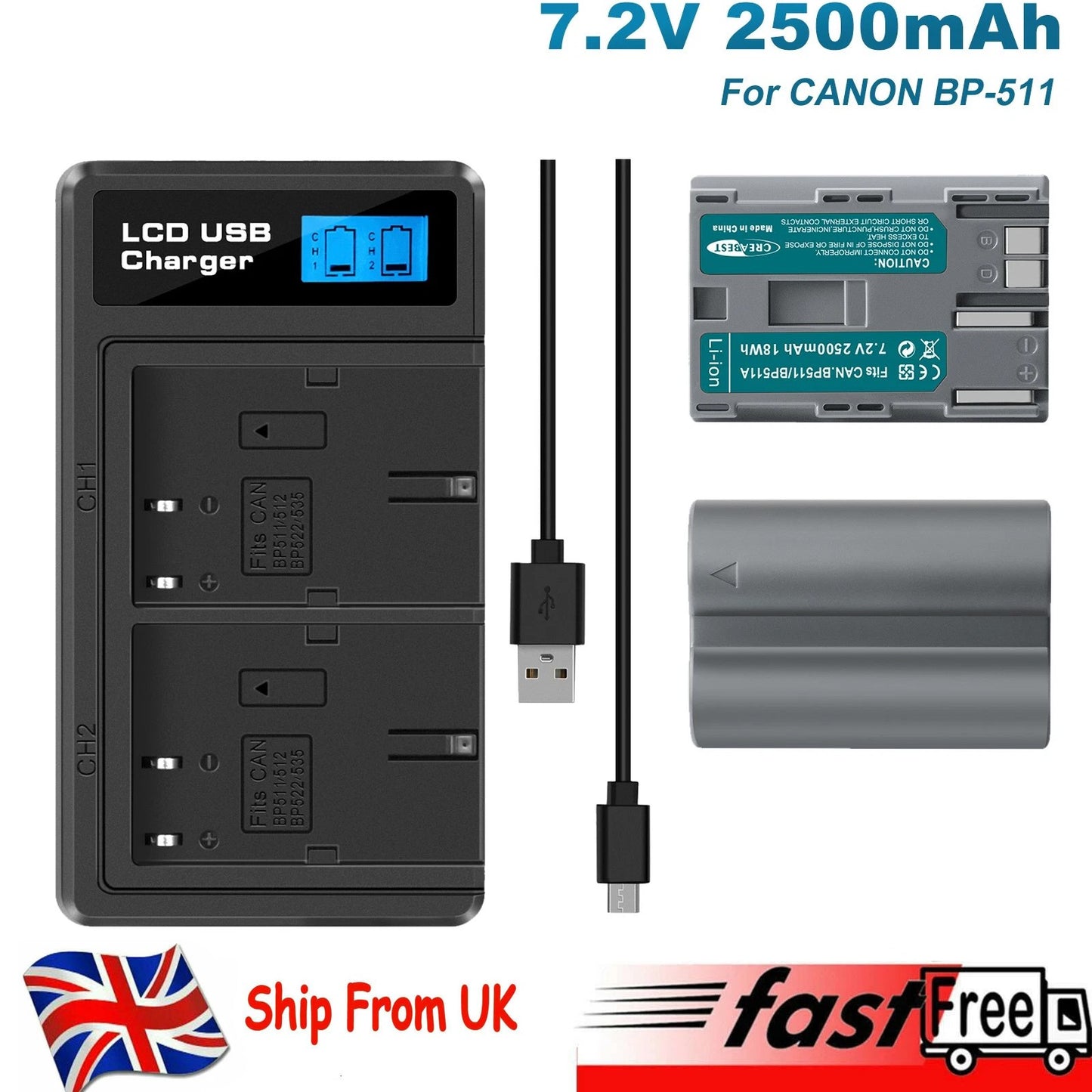 2x Batterie BP-511 Et Chargeur Double LCD Pour Canon EOS 40D 50D BP-511A 300D 20D 30D