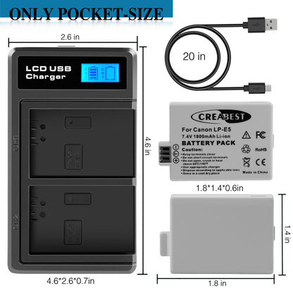 2× Batterie LP-E5 1800mAh pour Canon EOS 450D 500D 1000D Rebel T1i Xs Kiss X3 X2