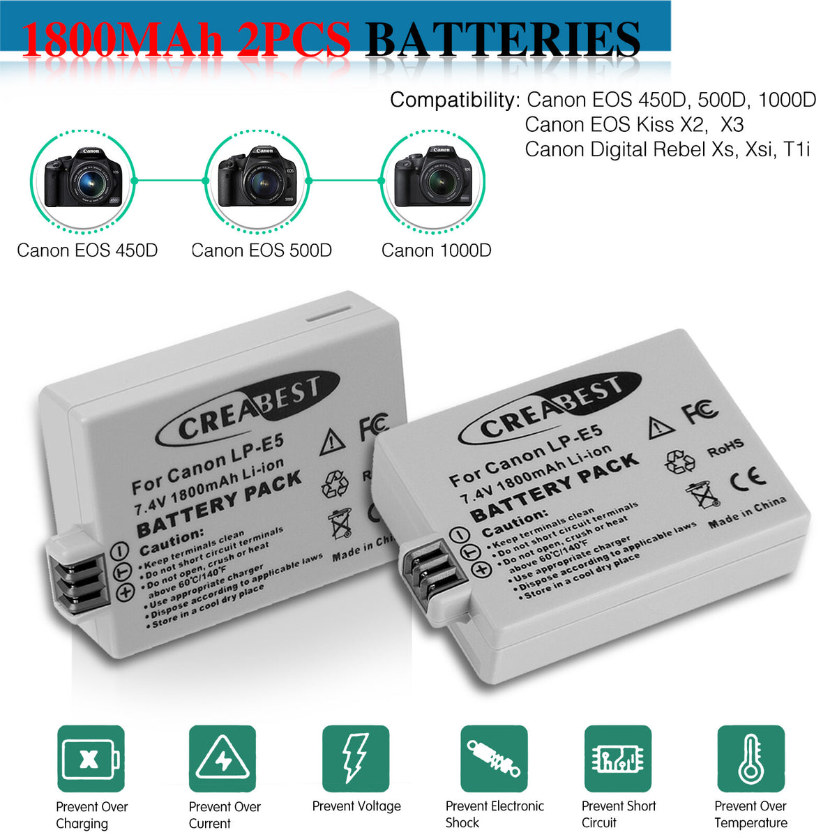 2× Batterie LP-E5 1800mAh pour Canon EOS 450D 500D 1000D Rebel T1i Xs Kiss X3 X2