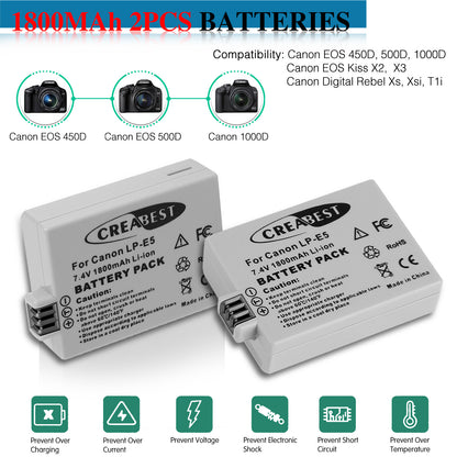 2× Batterie LP-E5 1800mAh pour Canon EOS 450D 500D 1000D Rebel T1i Xs Kiss X3 X2