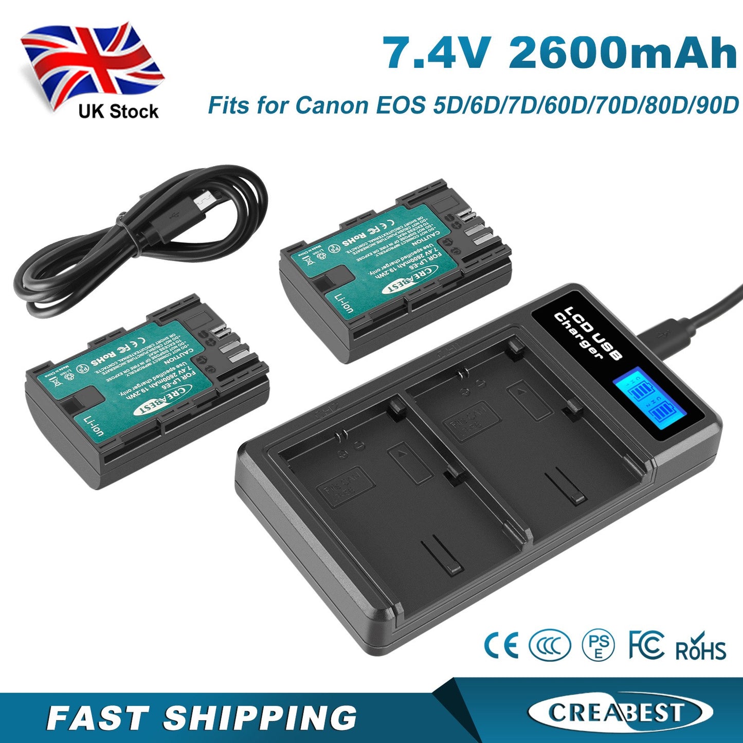 2xLP-E6 LP-E6N Batterie+Chargeur double pour Canon EOS 90D 5D Mark III IV 80D 60D 70D