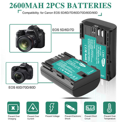 2xLP-E6 LP-E6N Batterie+Chargeur double pour Canon EOS 90D 5D Mark III IV 80D 60D 70D