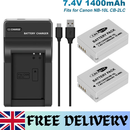 2x NB-10L Batterie+Chargeur Pour Canon PowerShot G15 G16 G1X SX50HS SX60HS SX40HS