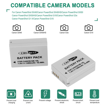 2x NB-10L Batterie+Chargeur Pour Canon PowerShot G15 G16 G1X SX50HS SX60HS SX40HS