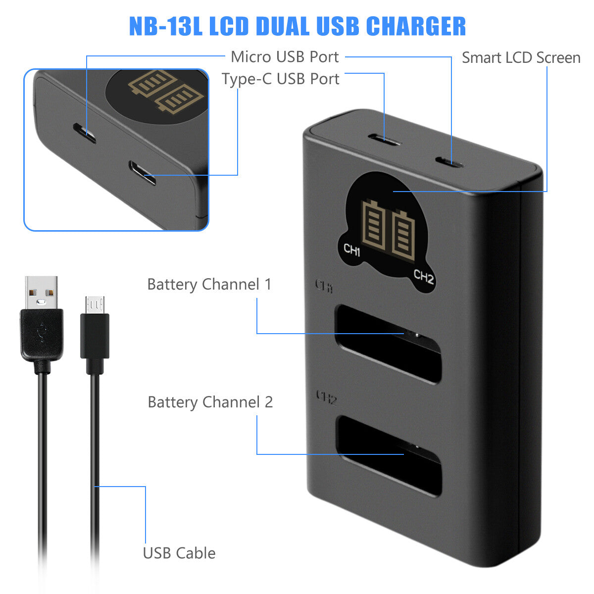 2x Batterie NB-13L + chargeur LCD pour Canon PowerShot SX620 HS G5X G7X Mark III II