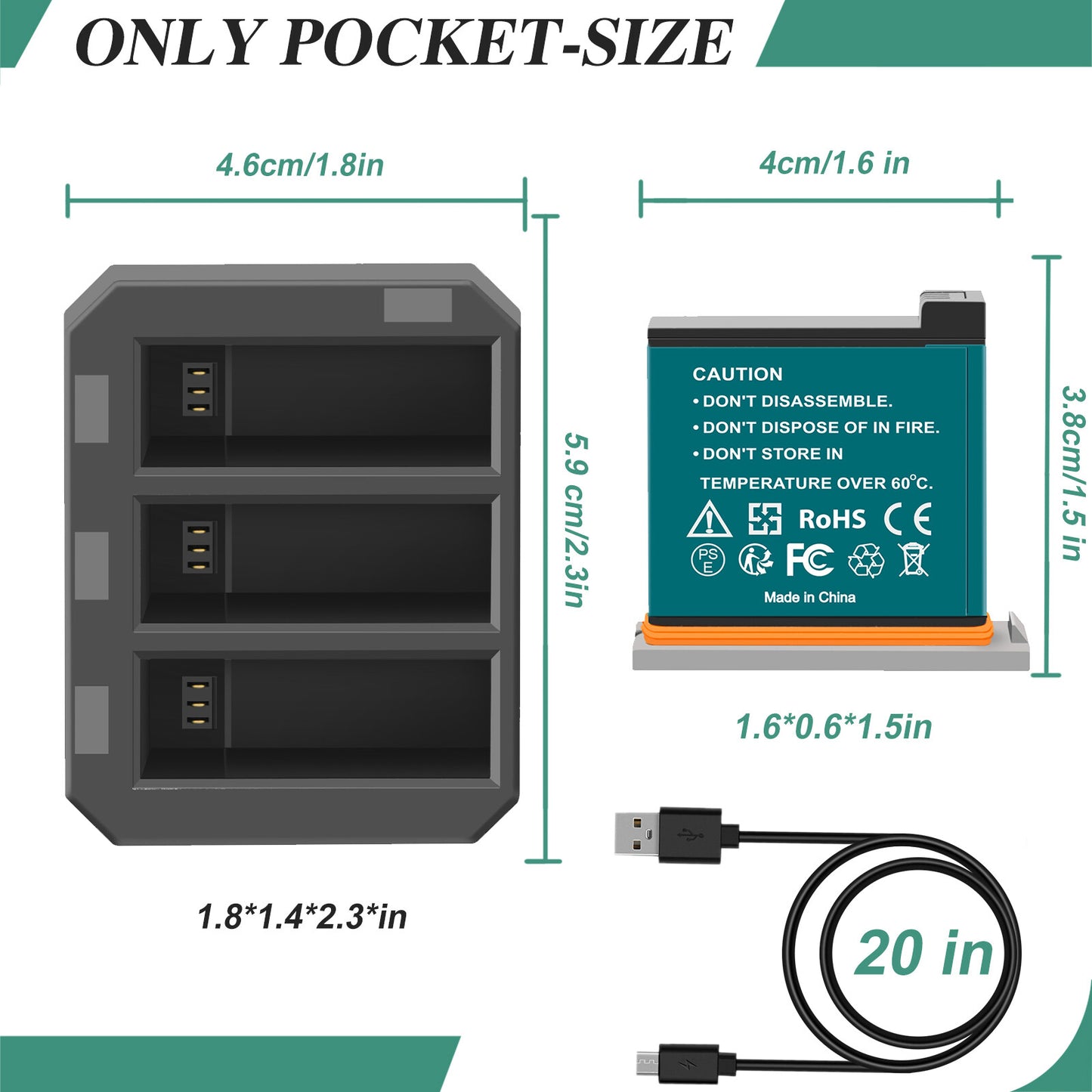 3x 1350mAh Batterie + Chargeur Rapide USB 3 Voies Pour DJI Osmo AB1 P01 PT1 Action