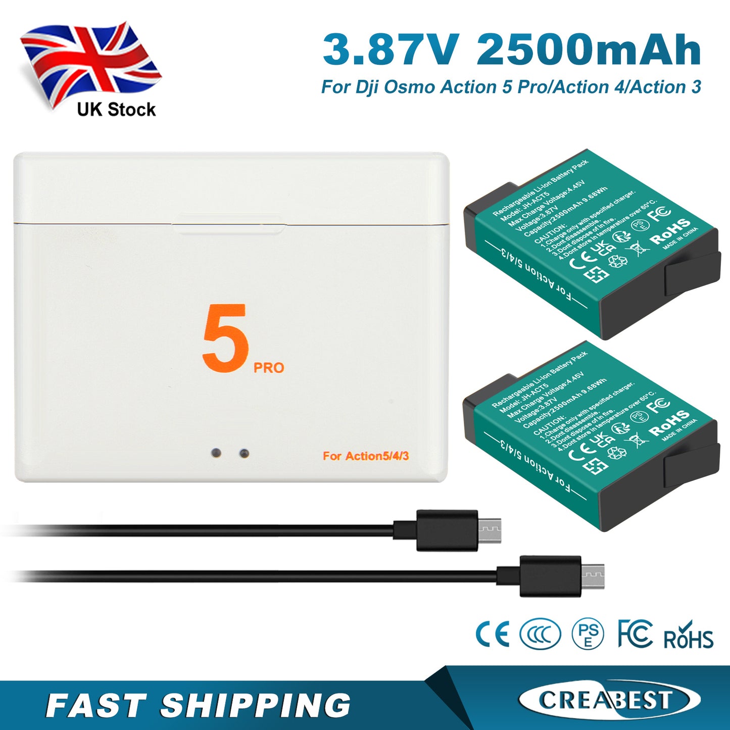 2x Batterie+Chargeur Action 4/3/5 Pro pour DJI Osmo Action 5 Pro, Action 4, Action 3
