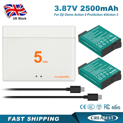 2x Batterie+Chargeur Action 4/3/5 Pro pour DJI Osmo Action 5 Pro, Action 4, Action 3