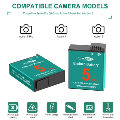 2x Batterie+Chargeur Action 4/3/5 Pro pour DJI Osmo Action 5 Pro, Action 4, Action 3
