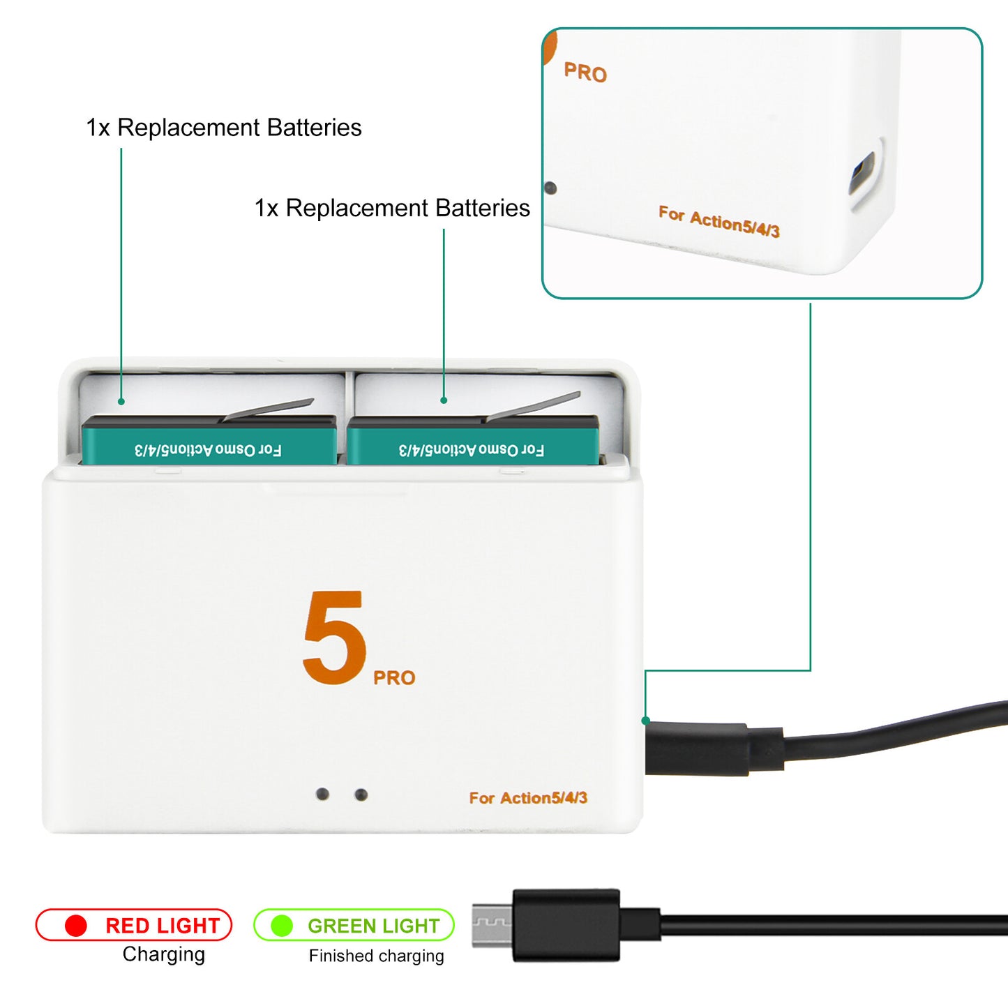 2x Batterie+Chargeur Action 4/3/5 Pro pour DJI Osmo Action 5 Pro, Action 4, Action 3