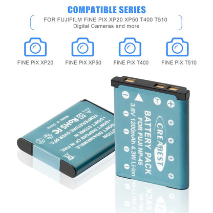 SHENTEC Batterie 3.6V 1200mAh pour Fujifilm NP-45, Olympus, Nikon EN-EL10 + Chargeur