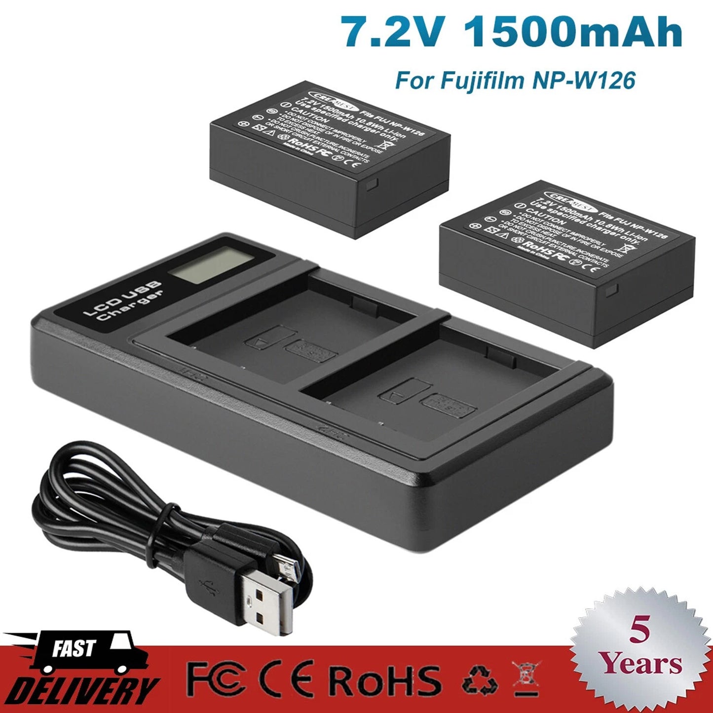 2x NP-W126 W126S Batterie+Chargeur Pour Fujifilm Fuji X-E1 X-E2 X-E2S X-T10 X-T20