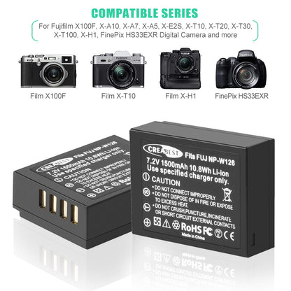 2x NP-W126 W126S Batterie+Chargeur Pour Fujifilm Fuji X-E1 X-E2 X-E2S X-T10 X-T20