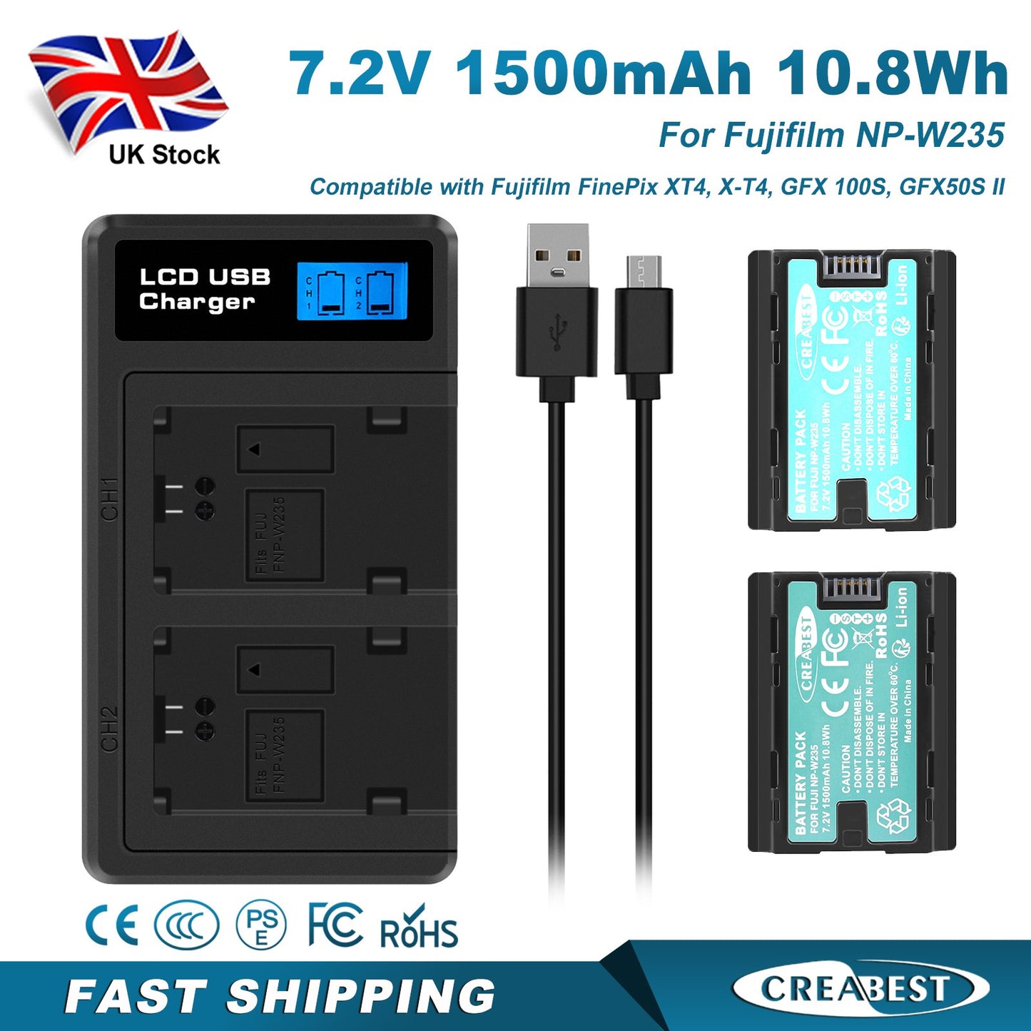 2x Batterie NP-W235 + Chargeur Double Pour Fujifilm GFX 100S 50S II X-H2S X-T5 XT4 X-T4