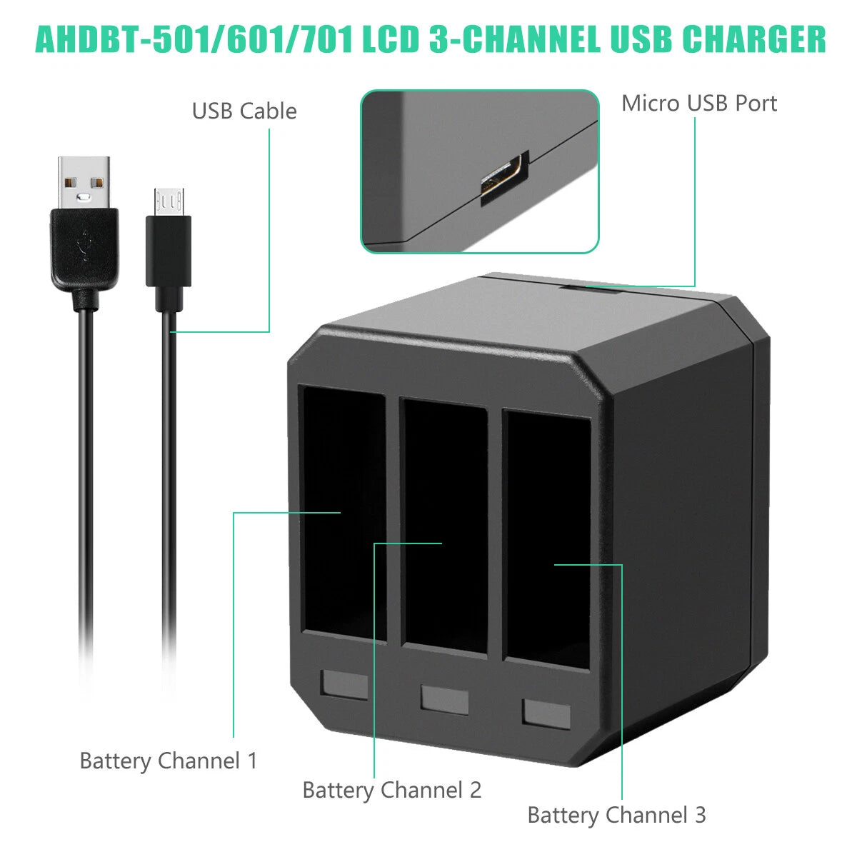 3 pièces Batterie AHDBT-501 601 701 pour GoPro HERO 7 HERO 6 HERO 5 Black + Chargeur triple