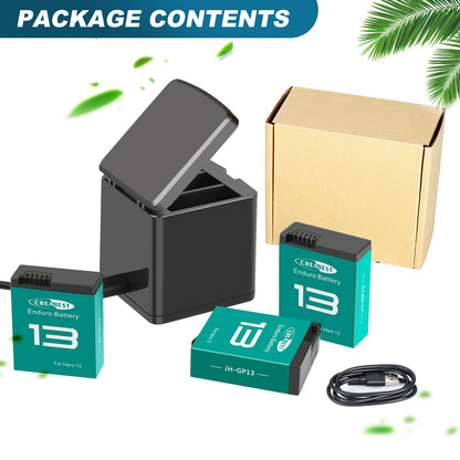 Pack de 3 batteries Enduro JH-GP13 + chargeur triple canal avec boîte de rangement pour GoPro Hero 13