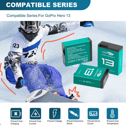 Pack de 3 batteries Enduro JH-GP13 + chargeur triple canal avec boîte de rangement pour GoPro Hero 13