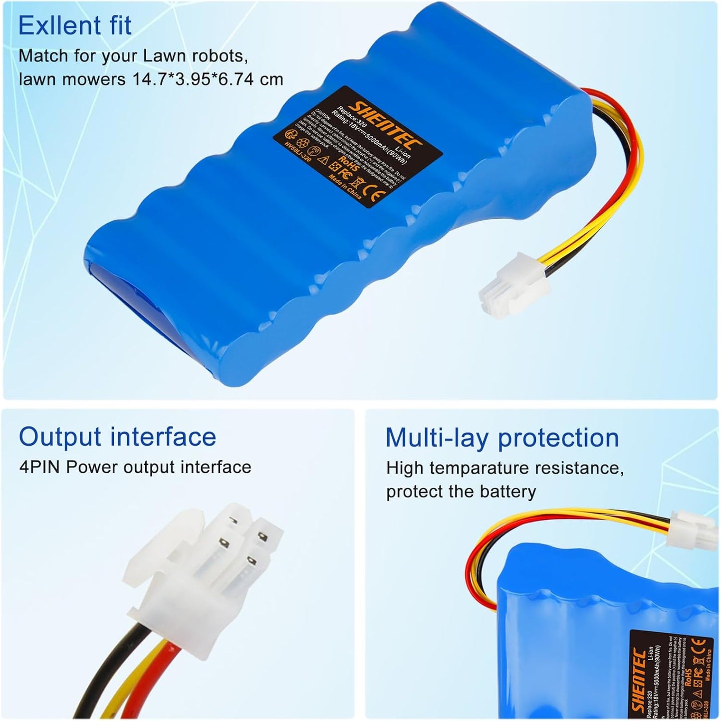 SHENTEC Batterie Li-ion 18V 5000mAh pour Husqvarna Automower 320/430X/440/450X/520/550 589 58 52-01/589 58 57-01/588 14 64-01/588 14 64-02