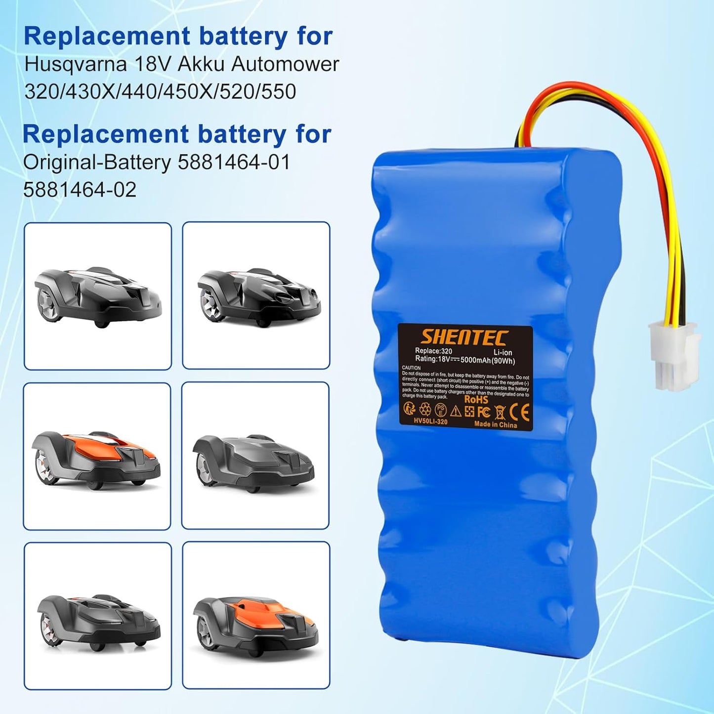 SHENTEC Batterie Li-ion 18V 5000mAh pour Husqvarna Automower 320/430X/440/450X/520/550 589 58 52-01/589 58 57-01/588 14 64-01/588 14 64-02