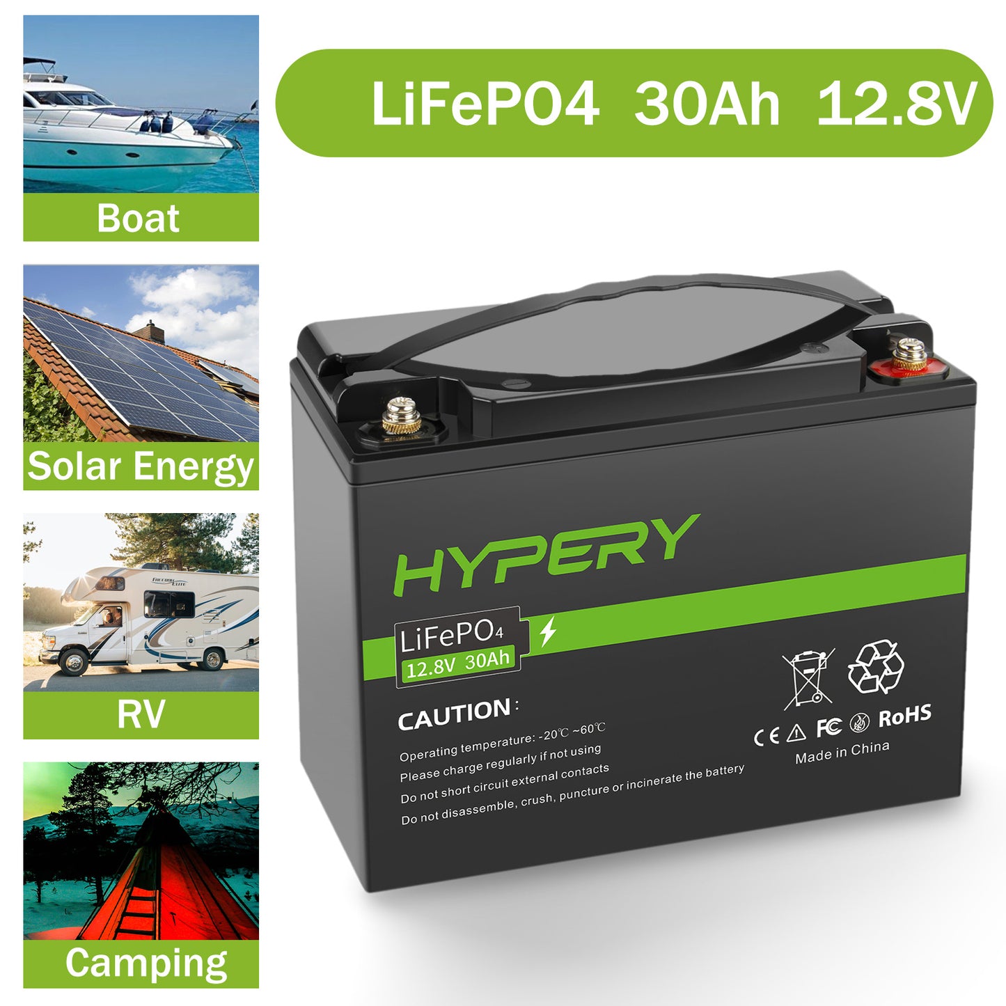 30Ah 12.8V LiFePO4 Lithium Battery BMS Deep Cycle For RV Solar Leisure Off-Grid