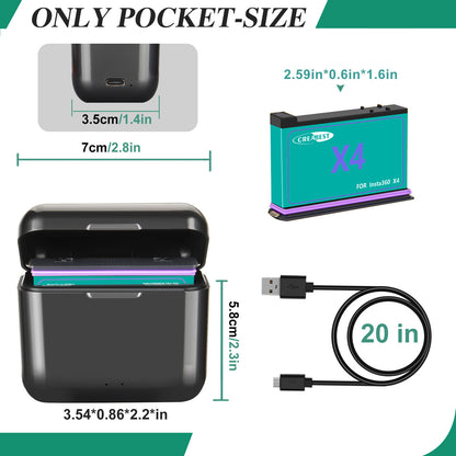 2x batterie de rechange 3.0Ah 3.85V JH-X4 + chargeur Power Box pour caméra d'action Insta360 X4