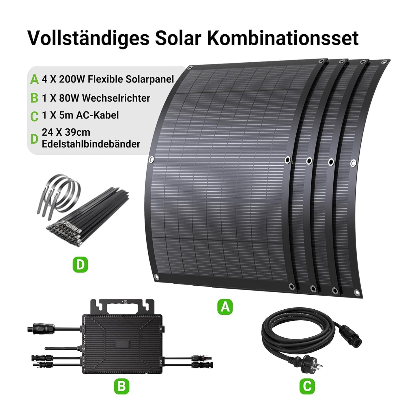Balcony Power Station Kit Solaire Flexible 800 W avec 4 Panneaux Solaires Flexibles de 200 W et Onduleur 800 W, Plug and Play avec Câble CA de 5 m