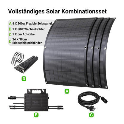 Balcony Power Station Kit Solaire Flexible 800 W avec 4 Panneaux Solaires Flexibles de 200 W et Onduleur 800 W, Plug and Play avec Câble CA de 5 m